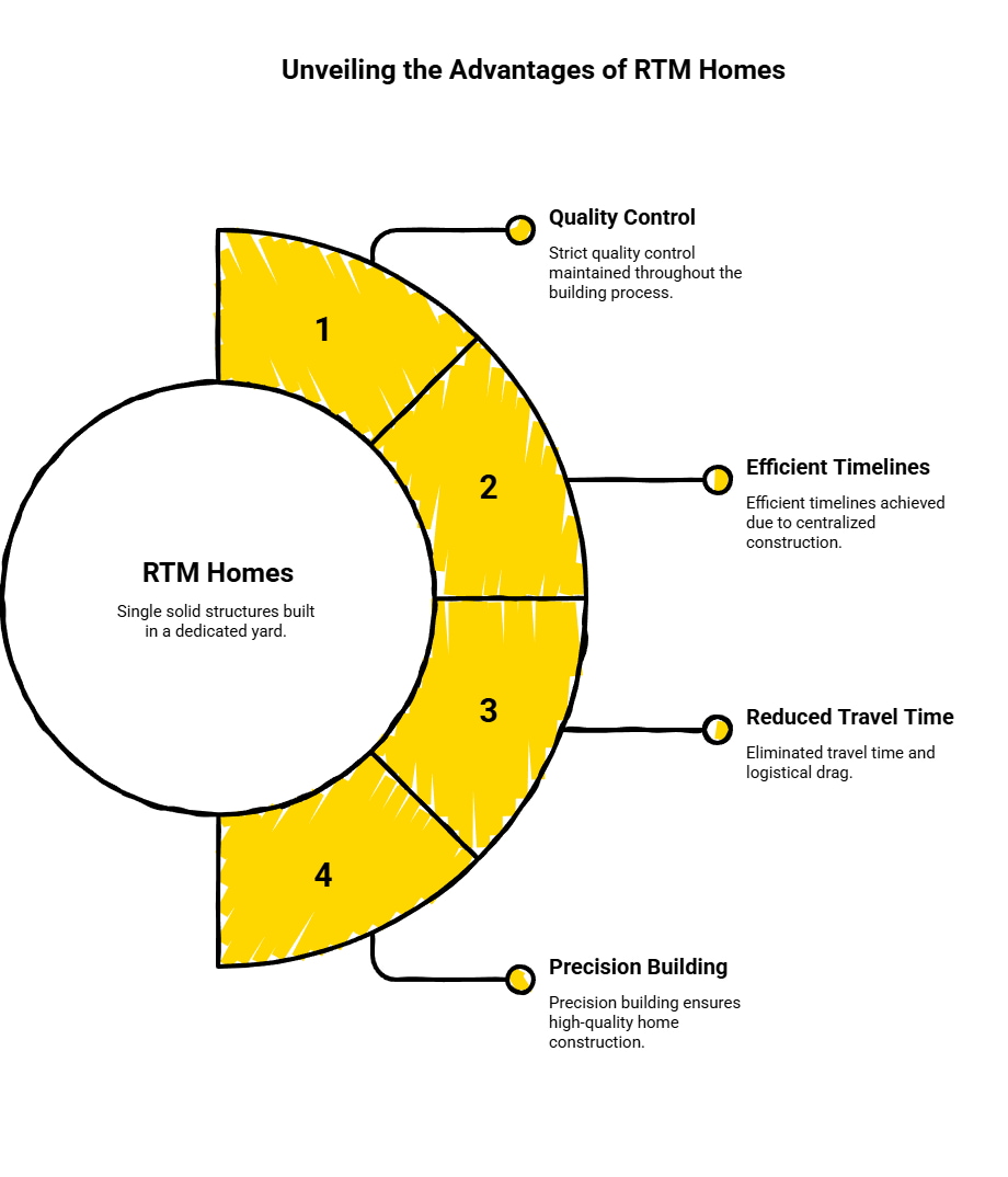 Advantages of RTM homes infographic showing quality control, efficient timelines, reduced travel time, and precision building benefits.